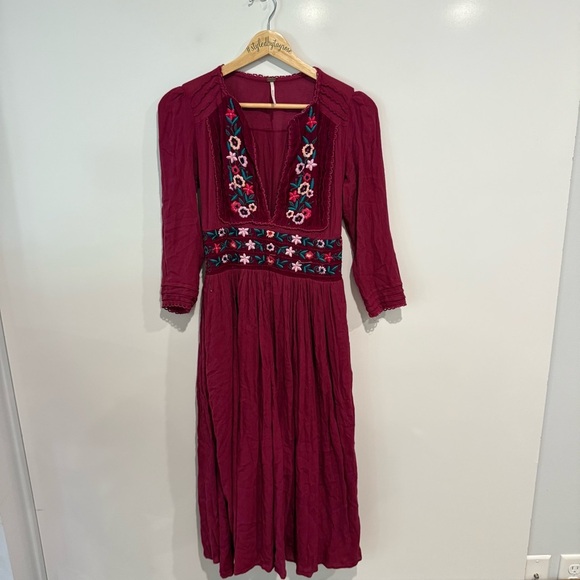 Free People Flora Embroidered Raspberry Magenta Dress Midi - Picture 9 of 14